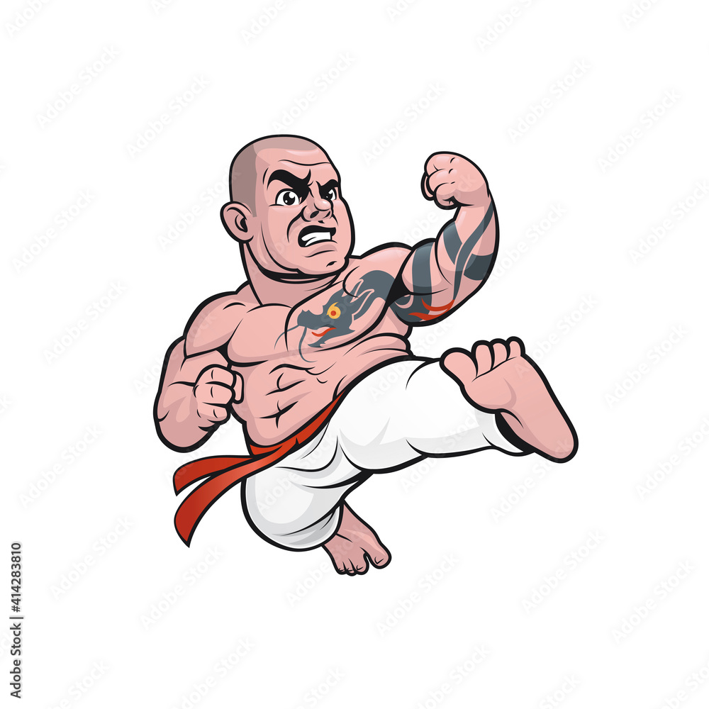Cartoon karate fighter doing a flyling kick