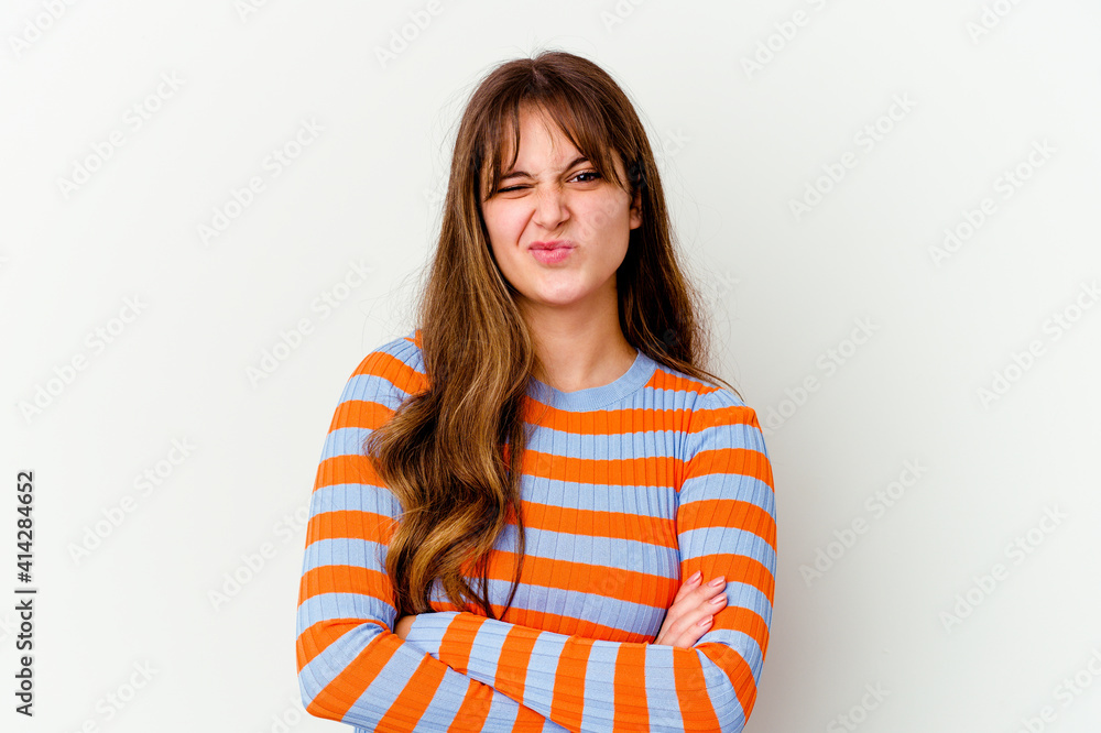 Young caucasian cute woman isolated on white background unhappy looking in camera with sarcastic expression. Young caucasian cute woman isolated on white background unhappy looking in camera with sarcastic expression.