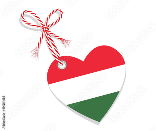 Fahne als Herz  „I Love Ungarn“ mit Kordel-Schleife,
Vektor Illustration isoliert auf weißem Hintergrund
