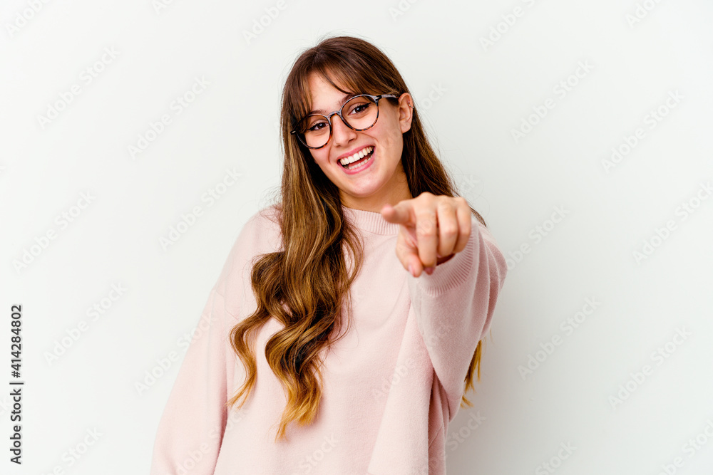 Young caucasian cute woman isolated on white background cheerful smiles pointing to front. Young caucasian cute woman isolated on white background cheerful smiles pointing to front.