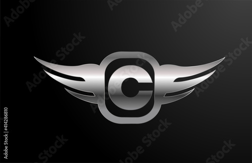 C letter logo alphabet for business and company with wings and silver color. Corporate lettering and brading with metal design icon
