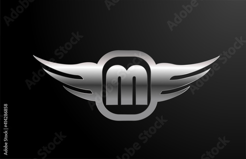 M letter logo alphabet for business and company with wings and silver color. Corporate lettering and brading with metal design icon