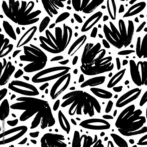 Brush black loose leaves and flowers vector seamless pattern. Hand drawn black paint ink illustration with abstract floral motif. Hand drawn painting for your fabric  wrapping paper  wallpaper design