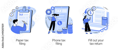 Tax return deadline abstract concept vector illustration set. Paper or phone tax filing, fill out your tax return, financial report, money refund, business profit, budget planning abstract metaphor.