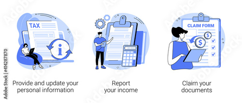 Tax filing abstract concept vector illustration set. Provide and update your personal information, report your income, claim documents, tax credits and expenses, financial report abstract metaphor. photo