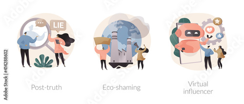 Media influence abstract concept vector illustration set. Post-truth, eco-shaming, virtual influencer, fake news, propaganda, internet abuse, ecological activist, social media abstract metaphor.