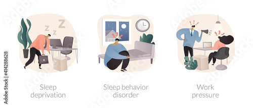 Stress management abstract concept vector illustration set. Sleep deprivation and behavior disorder, work pressure, insomnia, clinical diagnostic, mental health, chronic anxiety abstract metaphor.