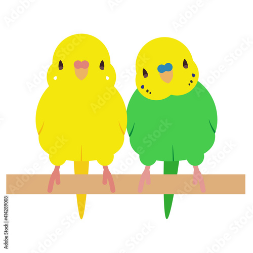 止り木で寄り添うセキセイインコのイラスト