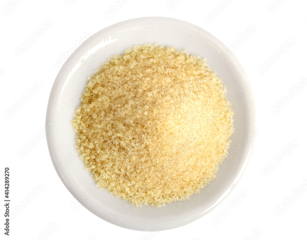 Gelatin Powder on a Plate (Gelatine). Top View. Isolated on White. Gelatin Powder on a Plate (Gelatine). Top View. Isolated on White.