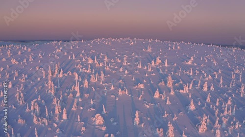 Sunset over snow covered forested hill of Riisitunturi National Park, Lapland, Finland, aerial drone shot