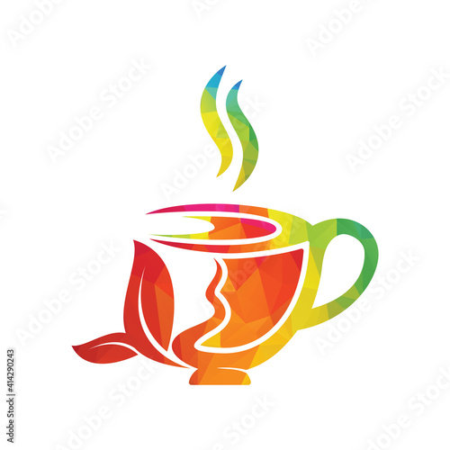 Fresh Green tea logo design template.   green Tea cup and leafs logo vector design.