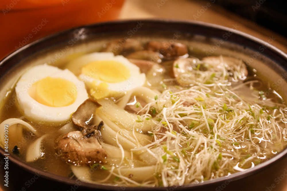 Ramen with boiled eggs, sprouts, and mushrooms Ramen with boiled eggs, sprouts, and mushrooms
