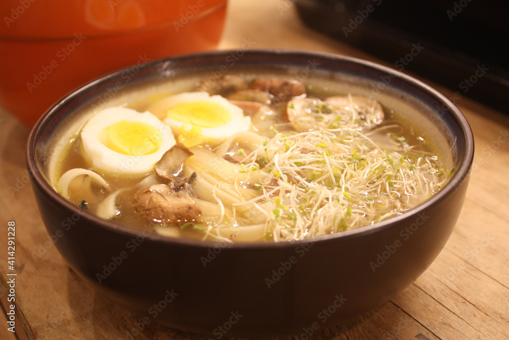 Ramen with boiled eggs, sprouts, and mushrooms Ramen with boiled eggs, sprouts, and mushrooms