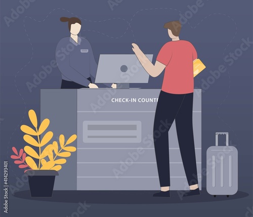 A passenger standing at the airport check-in counter. Vector character illustration of people at the airport scene, airline travel, vacation, business trip. Flat design style.