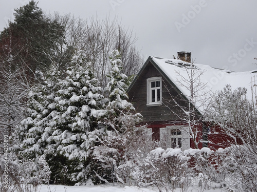 House in a snowy winter forest, selective focus