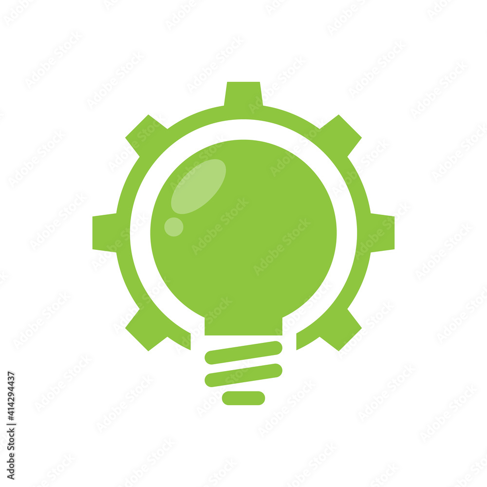 Green bulb with gear and rays flat icon. Isolated on white background. Green bulb with gear and rays flat icon. Isolated on white background.
