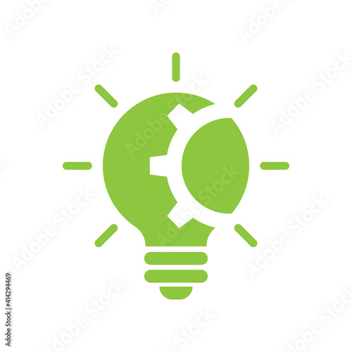 Green bulb with gear and rays flat icon. Isolated on white background. 