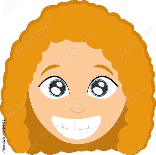 Vector emoticon illustration of the head of a cartoon girl with a happy expression and emotion showing her teeth

