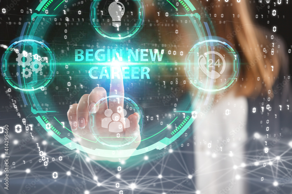 Business, Technology, Internet and network concept. Young businessman working on a virtual screen of the future and sees the inscription: Begin new career Business, Technology, Internet and network concept. Young businessman working on a virtual screen of the future and sees the inscription: Begin new career