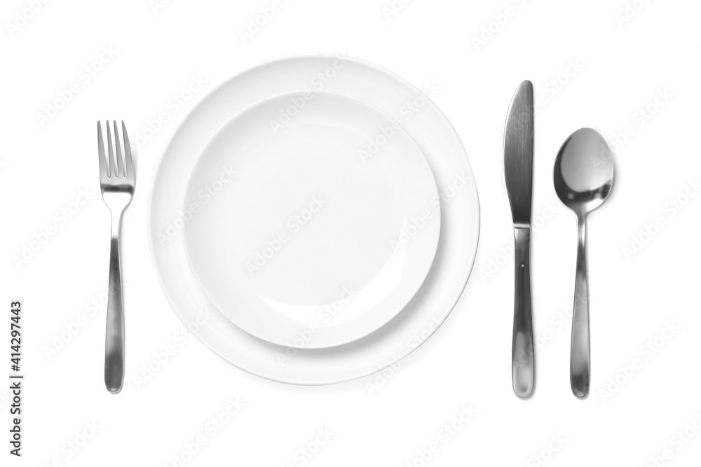 Beautiful table setting on white background, top view Beautiful table setting on white background, top view