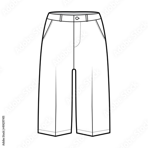 Short Bermuda pants technical fashion illustration with knee length, low waist, rise, slashed pocket. Flat walking bottom template front, white color style. Women, men unisex CAD mockup