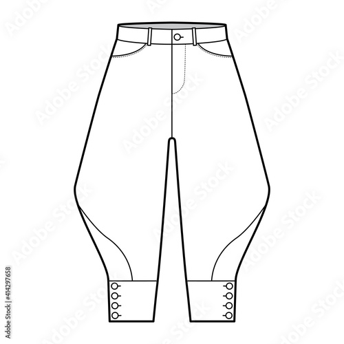 Riding breeches short pants technical fashion illustration with knee length, low waist, rise, curved pocket, buttoned. Flat bottom template front, white color style. Women, men CAD mockup