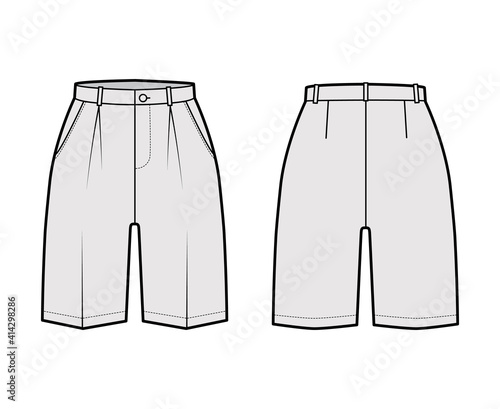 Short Bermuda dress pants technical fashion illustration with above-the-knee length, single pleat, normal waist, high rise. Flat walking bottom front, back, grey color style. Women, men CAD mockup