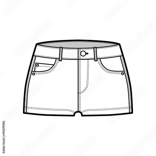 Denim hot short technical fashion illustration with micro length, curved, coin, angled 5 pockets, low rise waist. Flat bottom apparel template front, white color style. Women, men, unisex CAD mockup
