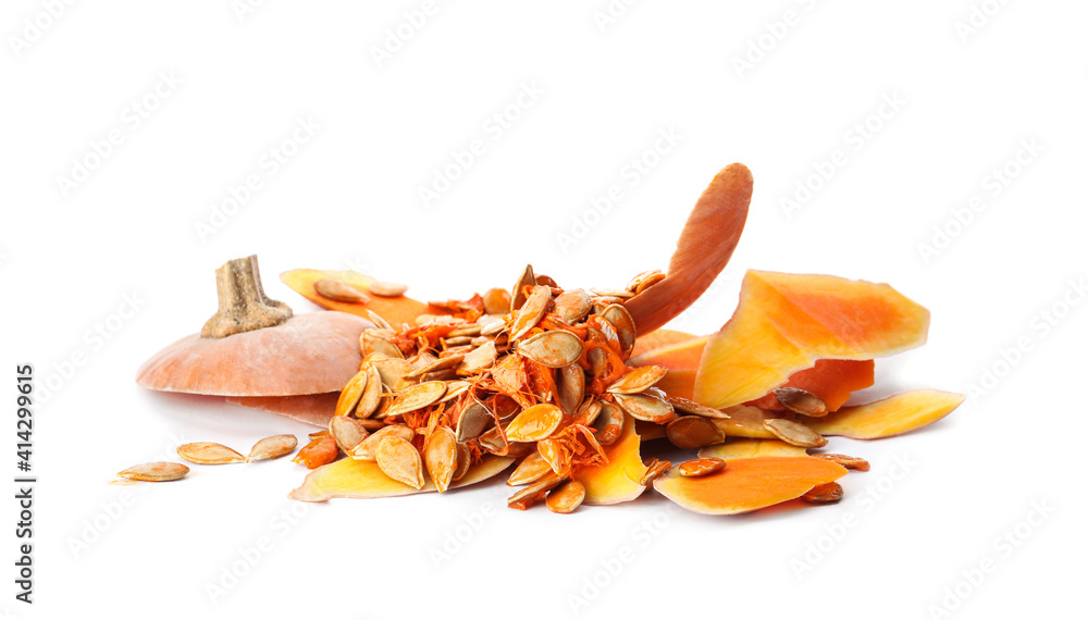 Pumpkin peel and seeds on white background. Composting of organic waste Pumpkin peel and seeds on white background. Composting of organic waste