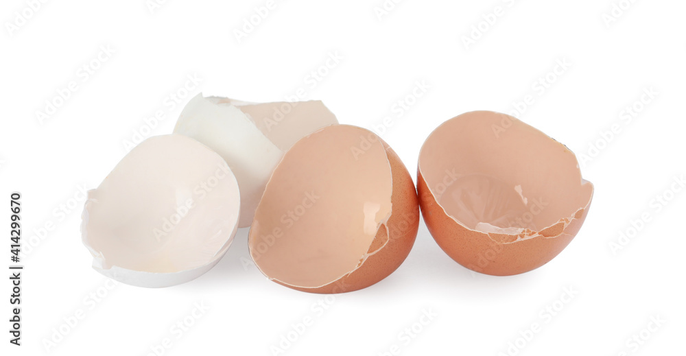 Egg shells on white background. Composting of organic waste Egg shells on white background. Composting of organic waste