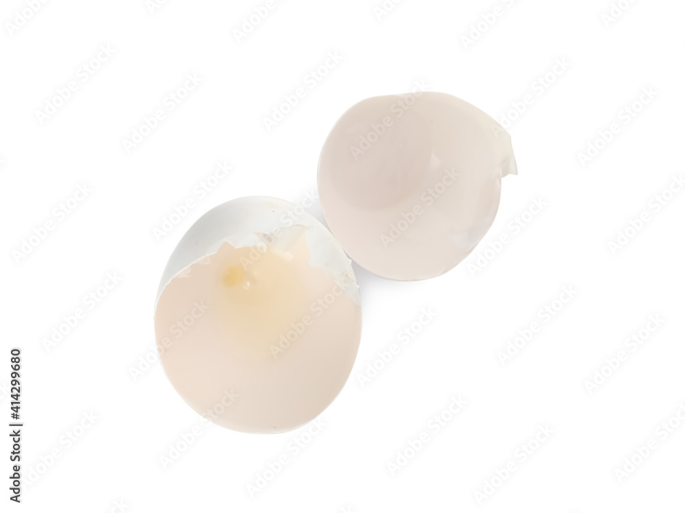 Egg shells on white background, top view. Composting of organic waste Egg shells on white background, top view. Composting of organic waste
