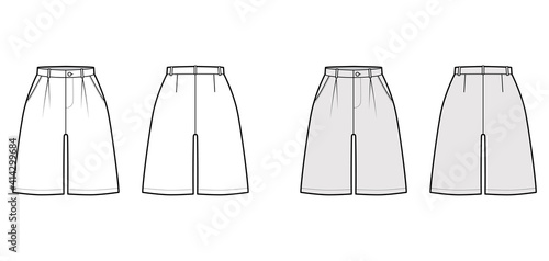 Short baggy Bermudas dress pants technical fashion illustration with knee length, single pleat, normal waist, high rise. Flat bottom template front, back, white grey color style. Women, men CAD mockup