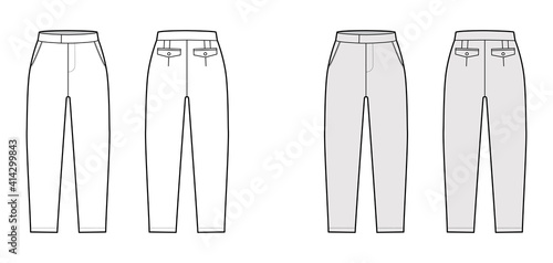 Short capri pants technical fashion illustration with mid-calf length, normal waist, high rise, slashed, flap pocket. Flat breeches bottom front, back, white grey color style. Women, men CAD mockup