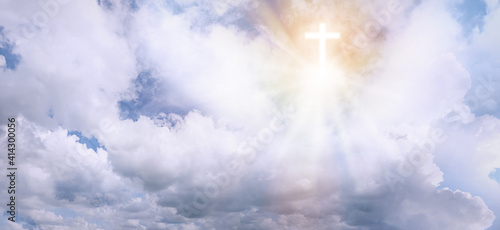 Obraz na plátně Cross silhouette in sky with clouds, banner design