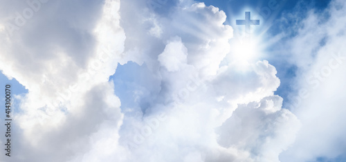 Quadro su tela Cross silhouette in sky with clouds, banner design