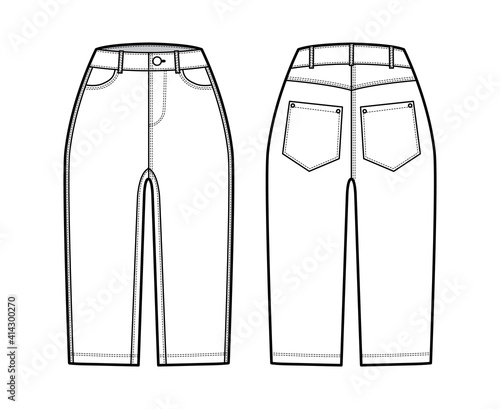 Denim short pants technical fashion illustration with knee length, normal waist, high rise, coin, angled 5 pockets. Flat breeches bottom template front, back, white color style. Women, men CAD mockup