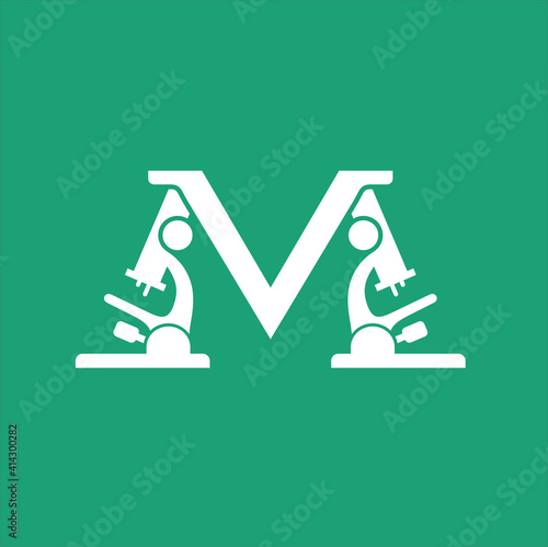 icon of initial M and microscope, logo template for laboratory with a name starting with the letter M.