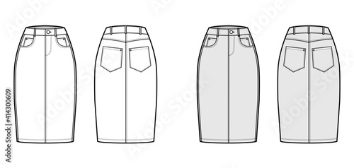 Denim pencil skirt technical fashion illustration with knee length, normal waist, high rise, curved, coin and angled pockets. Flat bottom template front, back, white grey color style. Women CAD mockup