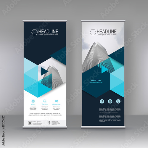 Blue Roll up banner stand brochure flyer vertical template design, covers ,infographics ,vector abstract geometric background, modern x-banner and flag-banner advertising design element