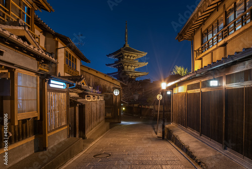 Night scenery of old street in historical city Kyoto, Japan