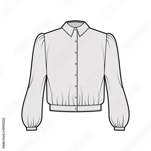 Blouson blouse technical fashion illustration with bouffant long sleeves, classic shirt neck, oversized, button up. Flat apparel top template front, grey color. Women, men unisex CAD mockup