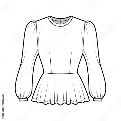 Peplum blouse technical fashion illustration with bouffant long sleeves, scoop neck, fitted body. Flat shirt apparel top template front, white color. Women, men unisex CAD mockup