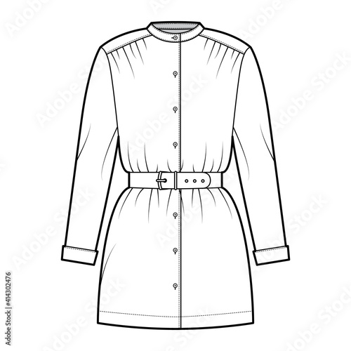 Belted blouse technical fashion illustration with long sleeves, stand collar, oversized, button up, enlarged hem. Flat apparel top template front, white color. Women, men unisex CAD mockup