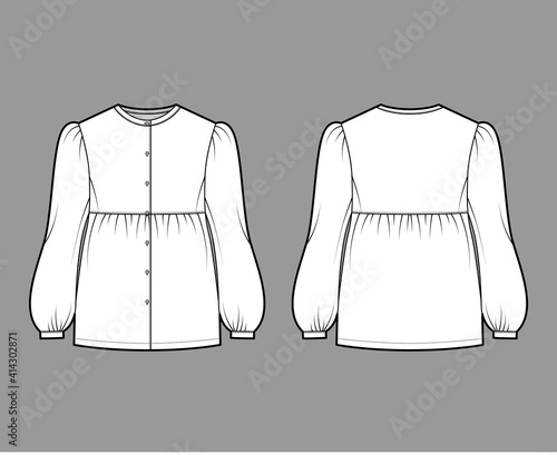Tunic blouse technical fashion illustration with bouffant long sleeves, stand collar, gathered hem, oversized, button up. Flat apparel top template front, back white color. Women men unisex CAD mockup