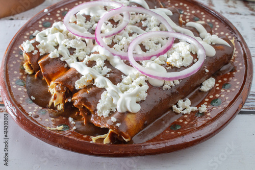 Enchiladas or mole wraps with purple onion, cream and fresh cheese. gourmet Mexican food