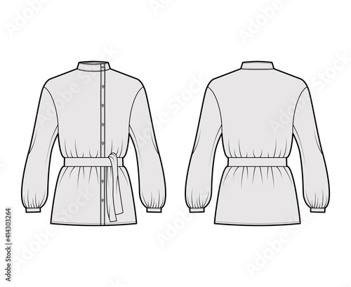 Cossack blouse technical fashion illustration with tie, bouffant long sleeves, stand collar, oversized, button up. Flat apparel top template front, back, grey color. Women men unisex CAD mockup