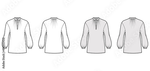 Over blouse technical fashion illustration with bouffant long sleeves, stand halter gathered collar, oversized. Flat apparel top template front, back, white, grey color. Women, men unisex CAD mockup