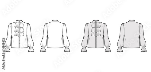 Poet pirate blouse technical fashion illustration with ruffles collar, bishop long sleeves, stand neck, loose fit, button up. Flat top template front, back, white, grey color. Women shirt CAD mockup