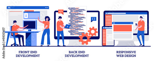 Front and back end development, responsive web design concept with tiny people. Web development agency vector illustration set. Website interface, coding and programming, user experience metaphor