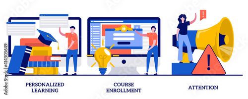 Personalized learning, course enrollment, attention concept with tiny people. Flexible study plan abstract vector illustration set. Apply for degree program, new student, concentration metaphor